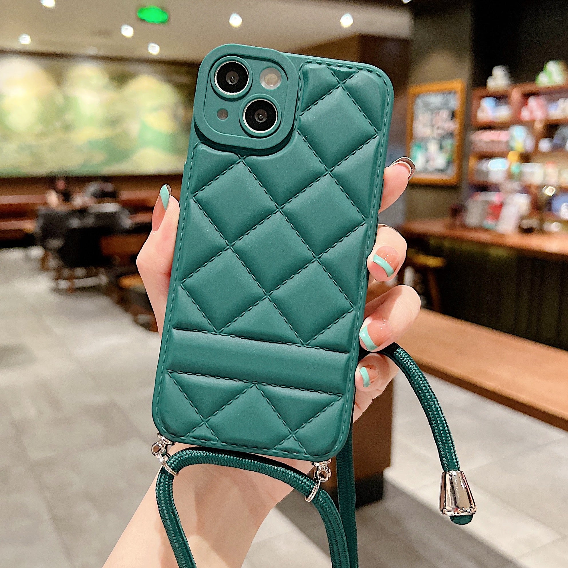 For iPhone 14 Plus Stitching Rhombus Grid Pattern Phone Case Precise Cutout Leather Coated TPU Anti-drop Back Cover with Shoulder Strap For iPhone 14 Plus Stitching Rhombus Grid Pattern Phone Case Precise Cutout Leather Coated TPU Anti-drop Back Cover with Shoulder Strap